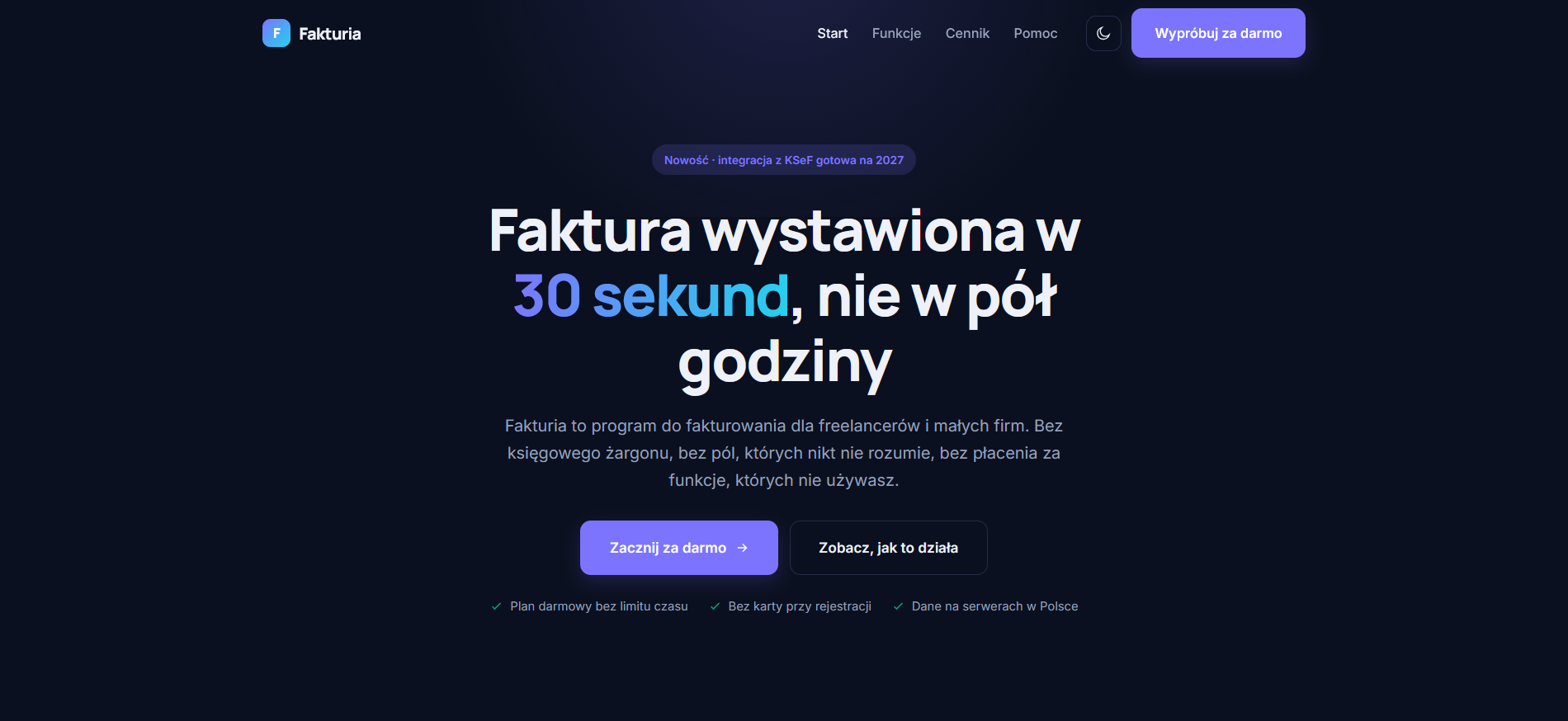 Landing page aplikacji Fakturia